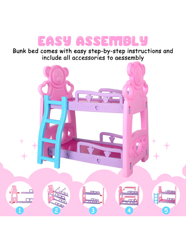 Miniature Baby Doll Bunk Bed Playset – Pink & Blue Toy Bed with 2 Small Dolls and Accessories for Kids TV2155