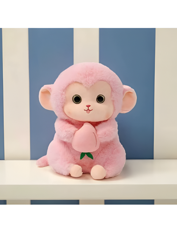 Pink Cute Monkey Plush Toy with Pink Peach, 10-Inch Soft Stuffed Animal Monkey Doll, Kawaii Nursery Decor and Birthday Gift for Kids, Girls and Boys ST14143