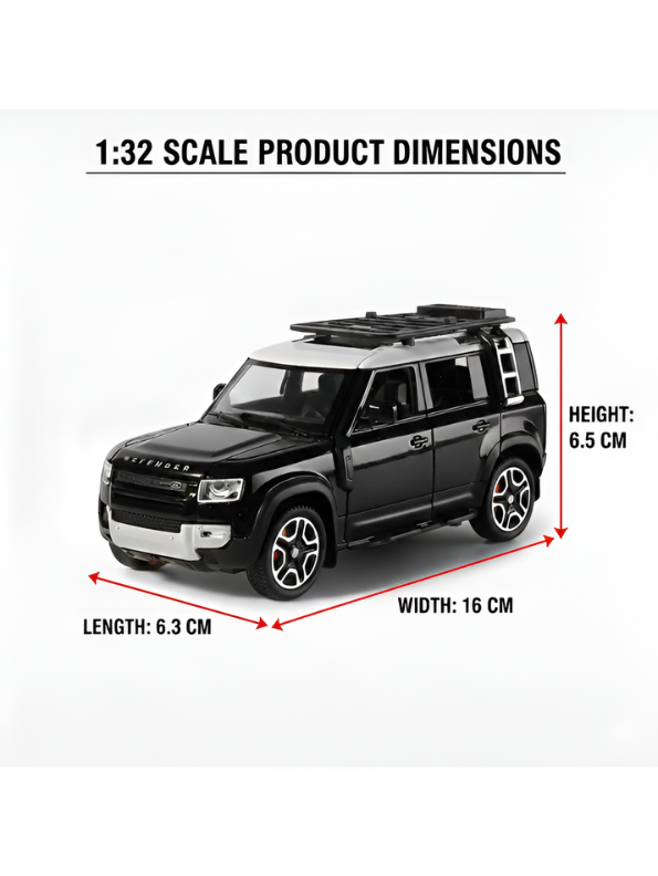 Land Rover Defender Diecast Model Car - Black 1:32 Scale Replica in Metallic with Roof Rack LMI16728