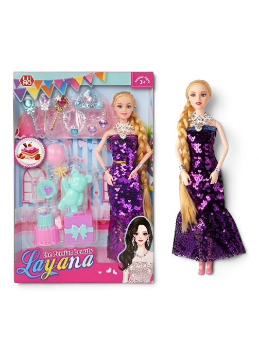 The Persian Beauty Fashion Doll Set (Purple) with Articulated Joints Moveable Head, Shoulders, Elbows, Wrists, Thighs & Knees | Includes Pink Sequin Gown, Tiara, Jewelry, and Miniature Toy Accessories for Girls Ages 3+ LMI12203