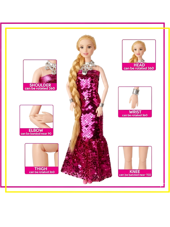 The Persian Beauty Fashion Doll Set (Red) with Articulated Joints Moveable Head, Shoulders, Elbows, Wrists, Thighs & Knees | Includes Pink Sequin Gown, Tiara, Jewelry, and Miniature Toy Accessories for Girls Ages 3+ LMI12203