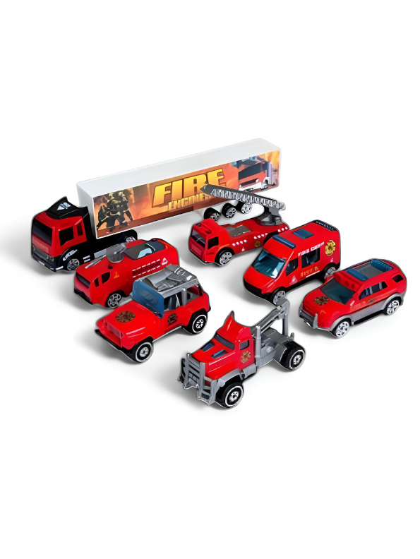 Die-Cast Metal Fire Rescue Toy Vehicle Set - 7-Piece Emergency Engine Collection with Large Transport Carrier Truck - Red Fire Trucks, SUV, & Tow Truck Play Set for Kids Ages 3+ TV5695