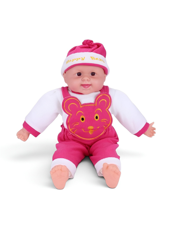 Premium 12-Inch Soft Body Baby Doll – Realistic Sitting Newborn Toy with Pink Mouse Embroidery & Matching Beanie – High-Quality Plush Doll for Toddlers and Girls TV416