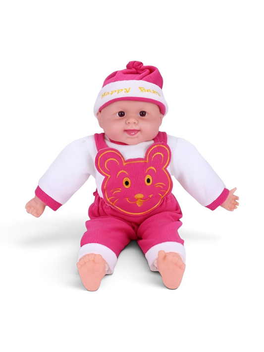Premium 12-Inch Soft Body Baby Doll – Realistic Sitting Newborn Toy with Pink Mouse Embroidery & Matching Beanie – High-Quality Plush Doll for Toddlers and Girls TV416