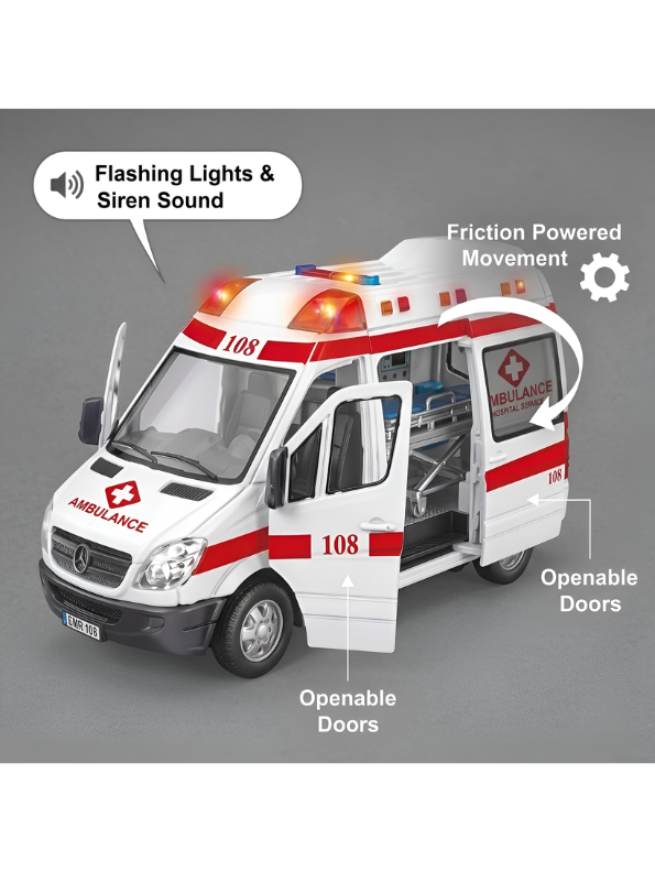 Large Realistic Toy Ambulance - 108 Emergency Hospital Service Vehicle with Openable Doors, Lights, and Sounds for Boys and Girls TV5307