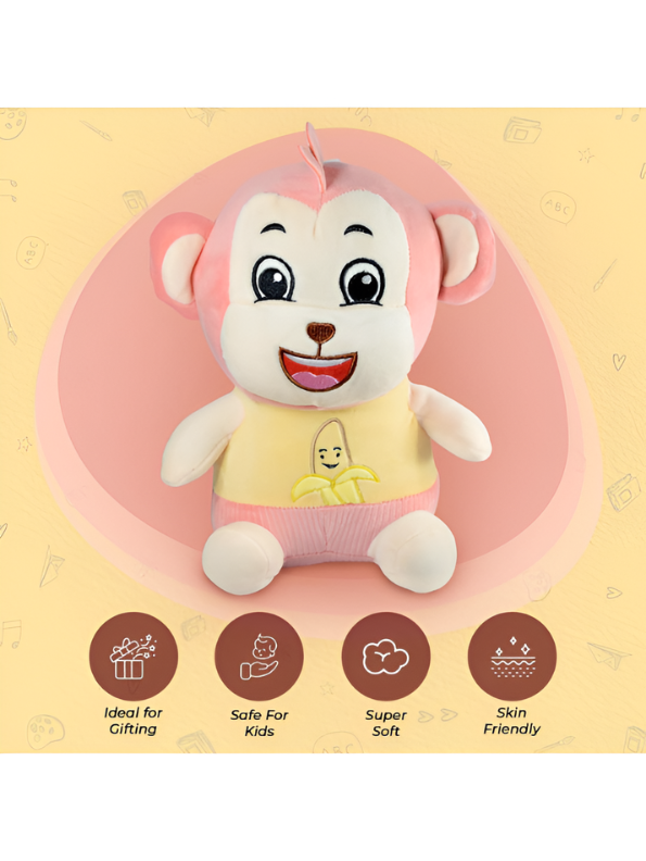 Cuddly Monkey Stuffed Toy with Banana Detail - 12-Inch Plush Soft Toy for Boys & Girls (Pink & Yellow) LMI16680