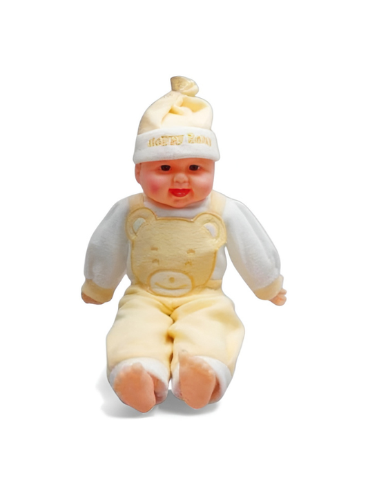 Premium 12-Inch Soft Body Baby Doll – Realistic Sitting Newborn Toy with Yellow Bear Embroidery & Matching Beanie Hat – High-Quality Plush Doll for Toddlers TV416