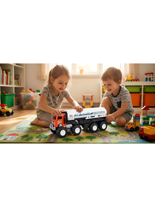 Premium Friction Powered Toy Oil Tanker – Simulated Heavy Duty Transport Truck with Interactive Lights & Music For Boys and Girls TV4471