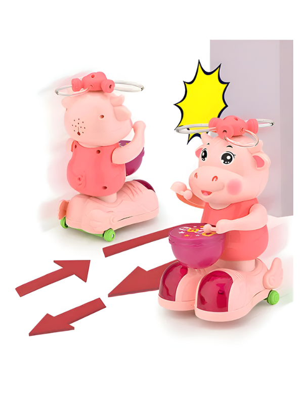 Musical Pink Cow Drummer Toy for Toddlers - Electronic Dancing Toy with 360° Spinning Flash Lights, Omnidirectional Bump & Go Driving, Walking & Drumming Action, Early Educational Gift for Kids 3+ LMI13950