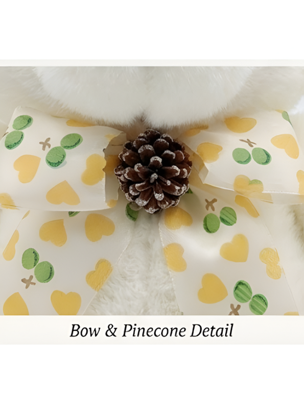 Teddy Bear Stuffed Animal - Soft White 8 Inch Cute Plush Toy with Heart-Patterned Ribbon & Pinecone Detailing, Perfect Winter & Holiday Gift ST16464