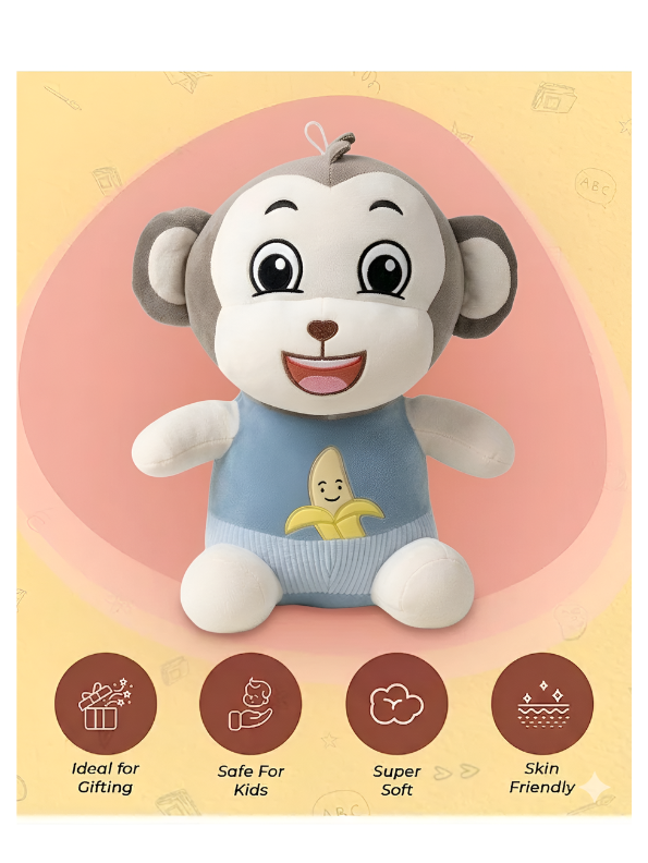 Cuddly Monkey Stuffed Toy with Banana Detail - 12-Inch Plush Soft Toy for Boys & Girls ( Grey & Blue ) LMI16680