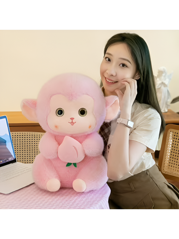 Pink Cute Monkey Plush Toy with Pink Peach, 10-Inch Soft Stuffed Animal Monkey Doll, Kawaii Nursery Decor and Birthday Gift for Kids, Girls and Boys ST14143