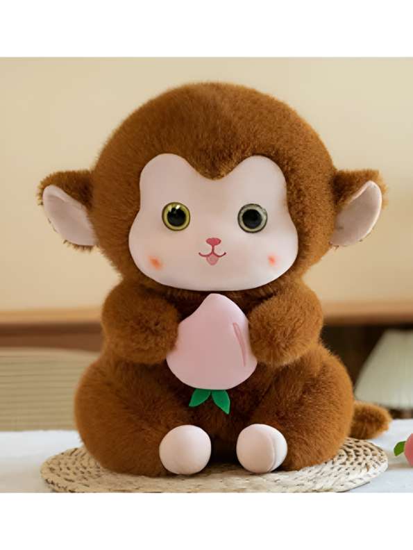 Brown Cute Monkey Plush Toy with Pink Peach, 10-Inch Soft Stuffed Animal Monkey Doll, Kawaii Nursery Decor and Birthday Gift for Kids, Girls and Boys ST14143