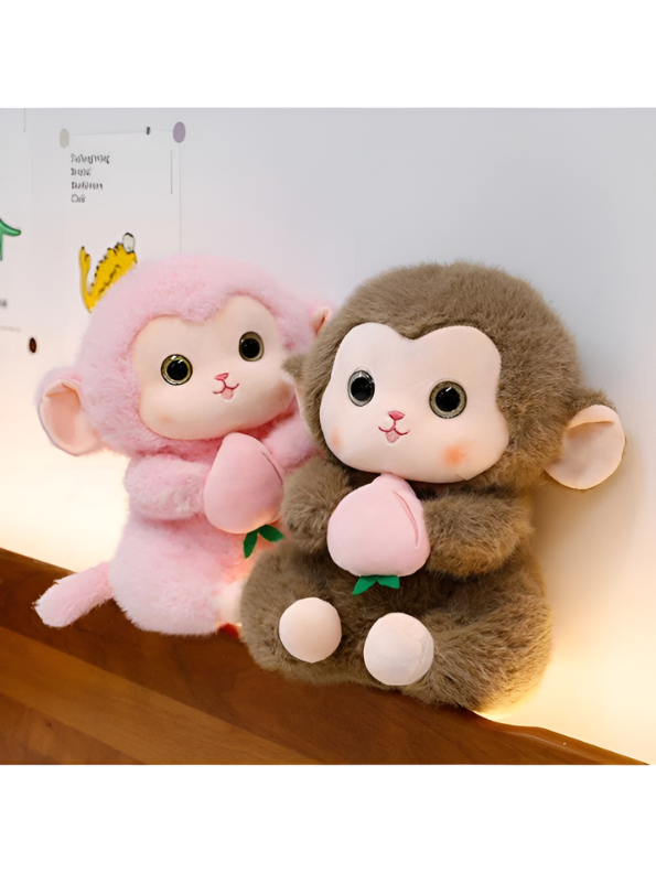 Grey Cute Monkey Plush Toy with Pink Peach, 10-Inch Soft Stuffed Animal Monkey Doll, Kawaii Nursery Decor and Birthday Gift for Kids, Girls and Boys ST14143