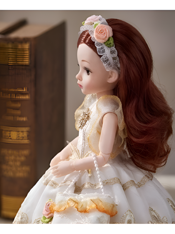 Beautiful White Fairy Princess Fashion Doll Set with Articulated Joints, Luxury Embroidered Dress, Floral Tiara, and Handbag – Elegant Toy Gift for Girls LMI10447