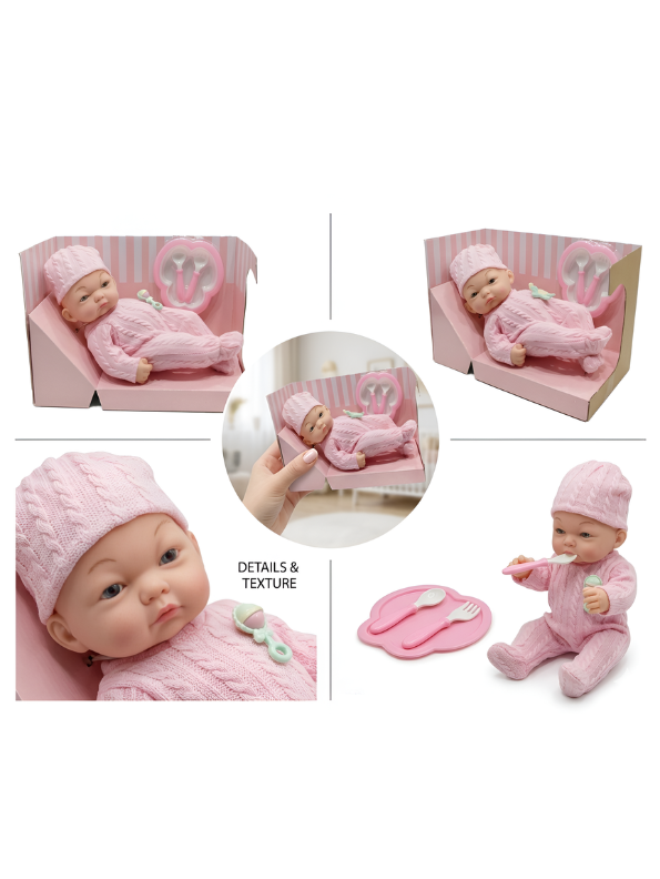 Realistic Baby Doll Gift Set in Pink Cable Knit Outfit - Includes Toy Plate, Fork, Spoon, and Rattle - Posable Vinyl Newborn Doll for Toddlers TV1491