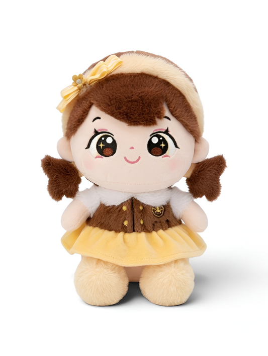 Cute Soft Plushie Girl in Yellow Skirt & Headband – 8-Inch Decorative Stuffed Doll – Perfect Holiday Gift for Girls ST16663