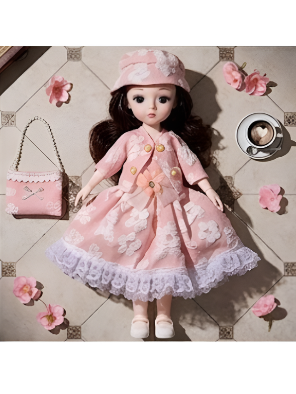 Beautiful Pink Fairy Princess Fashion Doll Set with Articulated Joints, Luxury Embroidered Dress, Floral Tiara, and Handbag – Elegant Toy Gift for Girls LMI10447