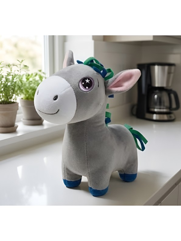 Premium 7-Inch Grey Donkey Plush Toy Cute Stuffed Animal with Embroidered Eyes & Festive Ribbon Mane Ultra-Soft Velvet Toy for Kids & Nursery Decor ST16517