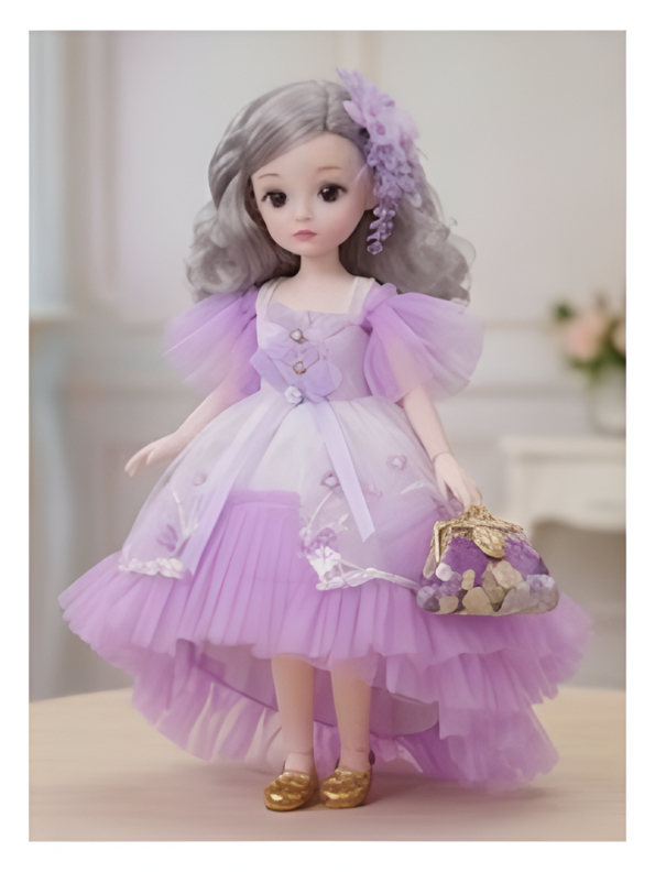 Beautiful Lavender Fairy Princess Fashion Doll Set with Articulated Joints, Luxury Embroidered Dress, Floral Tiara, and Handbag – Elegant Toy Gift for Girls LMI10447