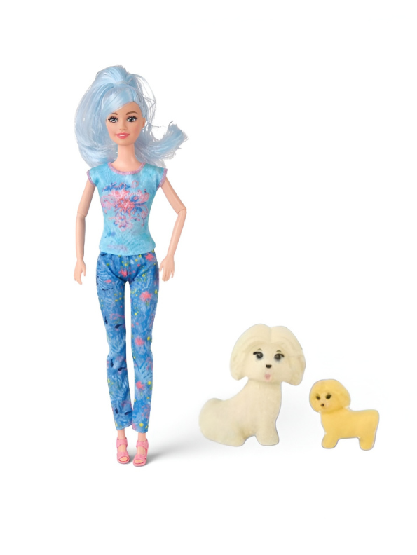 Doll with Pet Shop Grooming Set for Girls Fashion Doll with Blue Hair, 2 Toy Dogs, and 11 Bathing & Feeding Accessories Pretend Play Toys Set for Kids Ages 3+ LMI12737