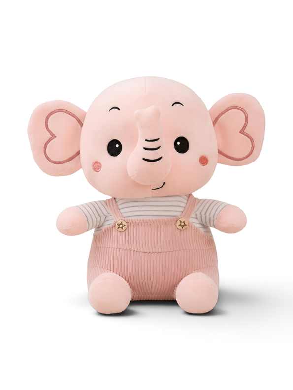 Pink Elephant Plush Toy 8-Inch Soft Stuffed Animal with Corduroy Overalls & Striped Shirt – Cute Nursery Decor & Huggable Companion for Toddlers and Kids ST11457