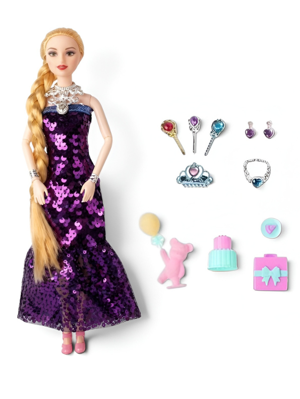 The Persian Beauty Fashion Doll Set (Purple) with Articulated Joints Moveable Head, Shoulders, Elbows, Wrists, Thighs & Knees | Includes Pink Sequin Gown, Tiara, Jewelry, and Miniature Toy Accessories for Girls Ages 3+ LMI12203