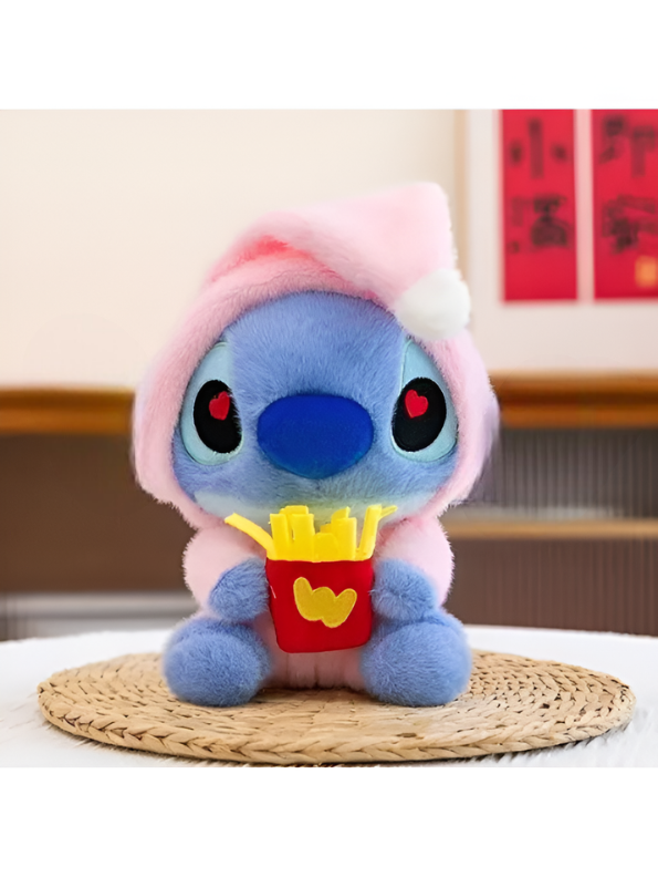 Stitch Plush in Pink Hoodie with French Fries - Kawaii Heart-Eye Anime Stuffed Animal, Soft 8-Inch Cartoon Figure Toy for Kids & Fans ST16393