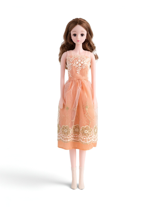 Elegant 11.5-inch Fashion Doll in Orange Lace Dress – Collectible Girl Doll with Wavy Blonde Hair and Formal Party Gown LMI16715
