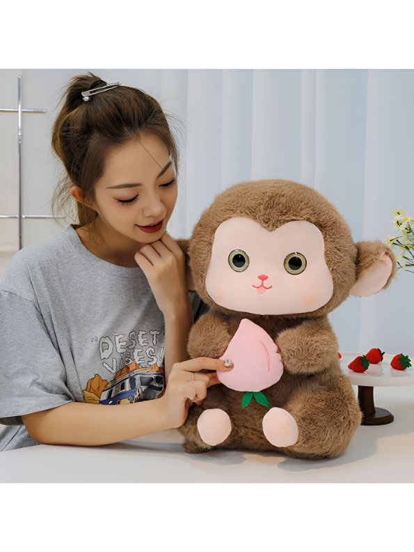 Grey Cute Monkey Plush Toy with Pink Peach, 10-Inch Soft Stuffed Animal Monkey Doll, Kawaii Nursery Decor and Birthday Gift for Kids, Girls and Boys ST14143