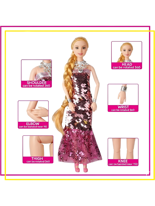 The Persian Beauty Fashion Doll Set (Pink) with Articulated Joints Moveable Head, Shoulders, Elbows, Wrists, Thighs & Knees | Includes Pink Sequin Gown, Tiara, Jewelry, and Miniature Toy Accessories for Girls Ages 3+ LMI12203