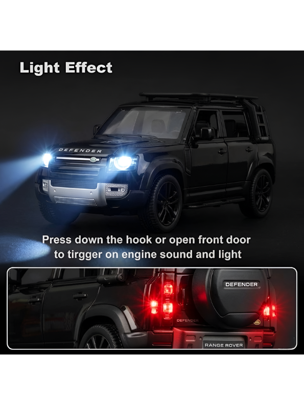 Land Rover Defender Diecast Model Car - Black 1:32 Scale Replica in Metallic with Roof Rack LMI16728