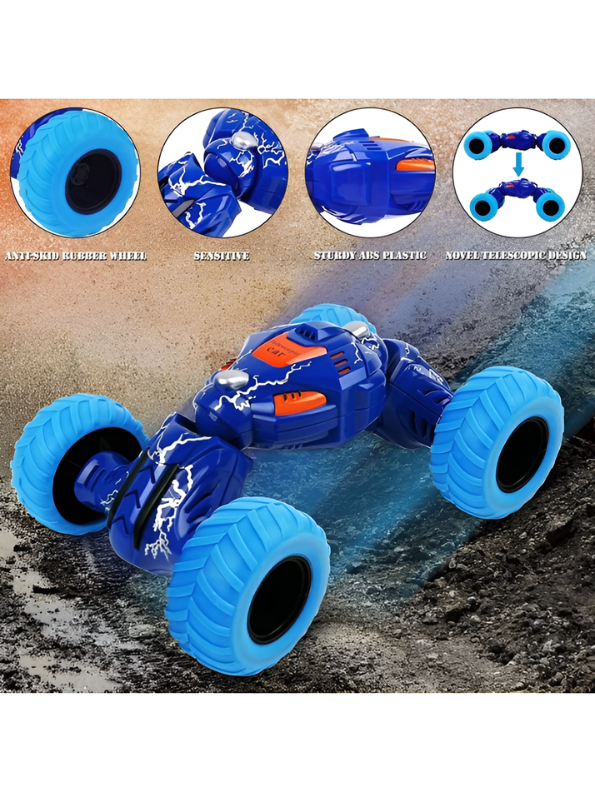 High-Speed RC Stunt Car for Kids - 360° Rotating Double-Sided Flip Off-Road Vehicle, 2.4GHz Remote Control Crawler Toy with All-Terrain Tires, Blue & Light Blue TV2053