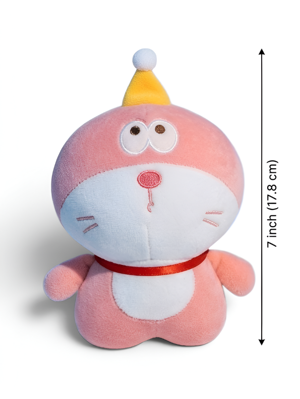 Cute Pink Doraemon Plush Toy 7-Inch Soft Anime Cartoon Stuffed Animal Doll with Party Hat | Adorable Cat Plushie Gift for Kids ST11446