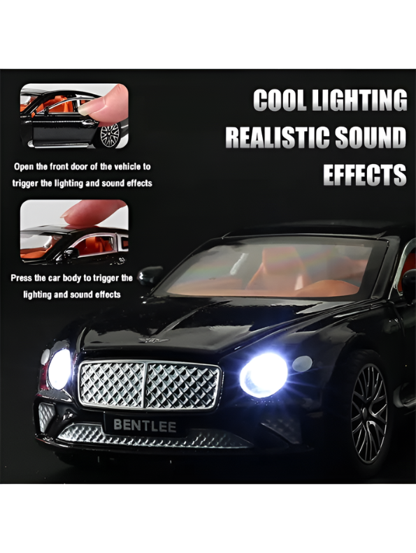 Bentley Continental GT Black  1:32 Scale Die-Cast Luxury Replica - High-Fidelity Sound & LED Headlights - Pull-Back Action Collectible Toy Car LMI15654