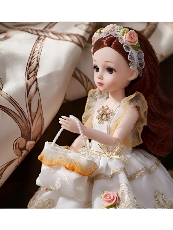 Beautiful White Fairy Princess Fashion Doll Set with Articulated Joints, Luxury Embroidered Dress, Floral Tiara, and Handbag – Elegant Toy Gift for Girls LMI10447