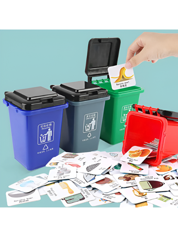 Educational Garbage Sorting Game Toy for Kids - 4 Mini Trash Bins & 100+ Recycling Flashcards | Early Childhood Waste Management & Environmental Awareness Learning Set TV3331