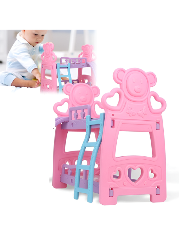 Miniature Baby Doll Bunk Bed Playset – Pink & Blue Toy Bed with 2 Small Dolls and Accessories for Kids TV2155