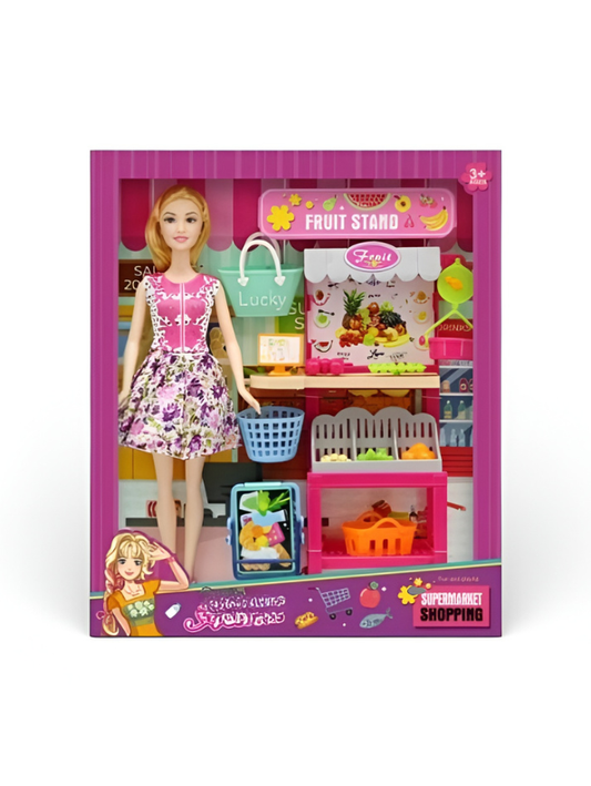 Atinil Fashion Doll Market Boutique Playset - Includes Doll, Shopping Cart, and Grocery Stand Accessories - Creative Pretend Play Gift Set for Girls and Doll Lovers NX12579