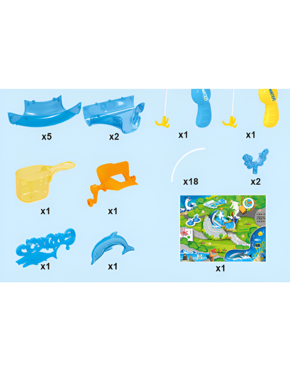 Ocean Track Park Water Table Toy for Kids – 69-Piece Interactive Waterway Set with Floating Sea Creatures, Fishing Net, and Bridge – Summer Outdoor & Indoor Sensory Play for Toddlers 3+ TV1655