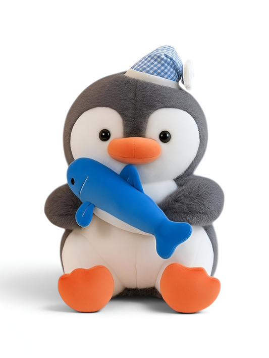 Adorable Penguin Plush Toy with Blue Fish & Nightcap - Super Soft Stuffed Animal for Kids - 10-inch Cuddly Winter Bird Pillow - Perfect Birthday & Holiday Gift for Toddlers and Babies ST16496