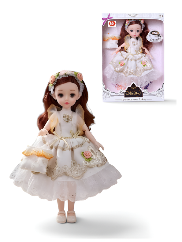 Beautiful White Fairy Princess Fashion Doll Set with Articulated Joints, Luxury Embroidered Dress, Floral Tiara, and Handbag – Elegant Toy Gift for Girls LMI10447