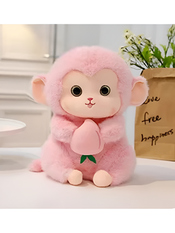 Pink Cute Monkey Plush Toy with Pink Peach, 10-Inch Soft Stuffed Animal Monkey Doll, Kawaii Nursery Decor and Birthday Gift for Kids, Girls and Boys ST14143
