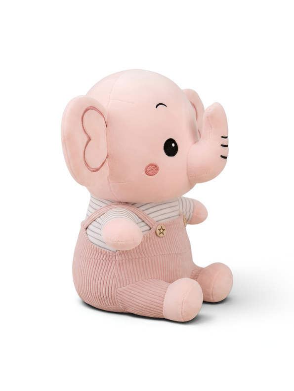 Pink Elephant Plush Toy 8-Inch Soft Stuffed Animal with Corduroy Overalls & Striped Shirt – Cute Nursery Decor & Huggable Companion for Toddlers and Kids ST11457