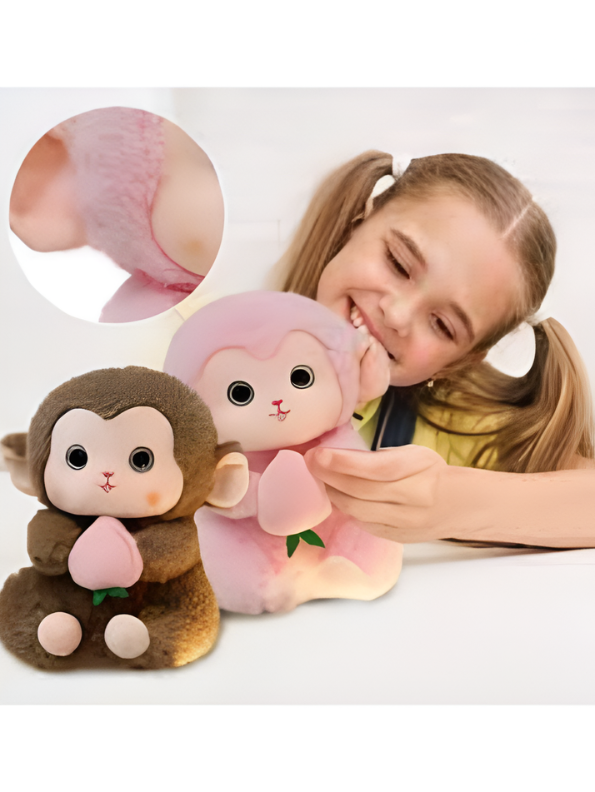 Brown Cute Monkey Plush Toy with Pink Peach, 10-Inch Soft Stuffed Animal Monkey Doll, Kawaii Nursery Decor and Birthday Gift for Kids, Girls and Boys ST14143