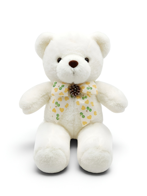 Teddy Bear Stuffed Animal - Soft White 8 Inch Cute Plush Toy with Heart-Patterned Ribbon & Pinecone Detailing, Perfect Winter & Holiday Gift ST16464