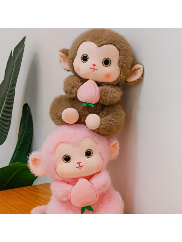 Grey Cute Monkey Plush Toy with Pink Peach, 10-Inch Soft Stuffed Animal Monkey Doll, Kawaii Nursery Decor and Birthday Gift for Kids, Girls and Boys ST14143