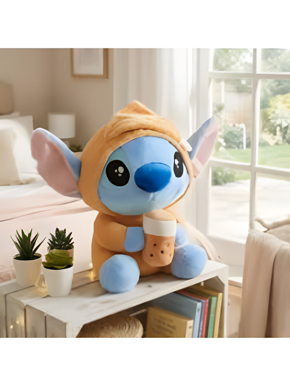 Blue Alien Plush in Gingerbread Onesie holding Boba Milk Tea – 8-Inch Soft Stuffed Animal Toy – Cute Kawaii Room Decor & Gift for Kids and Fans ST16393