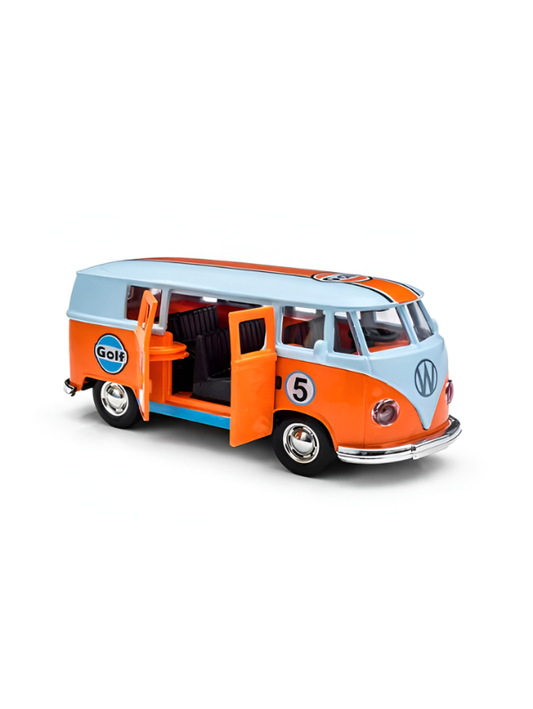 Vintage Die-Cast Metal Volkswagen Bus Toy – Classic 1:32 Scale Pull Back Action Model Van with Openable Doors & Detailed Wheels – Gulf Racing Edition Collectible TV5611