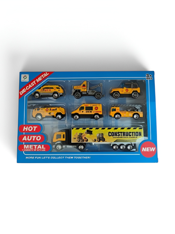 Die-Cast Metal Construction Vehicle Toy Set - 7-Piece Engineering Play Set with Semi-Truck, Excavator, Crane, and SUV - Durable Alloy Miniature Cars for Kids & Toddlers Ages 5+ TV5695